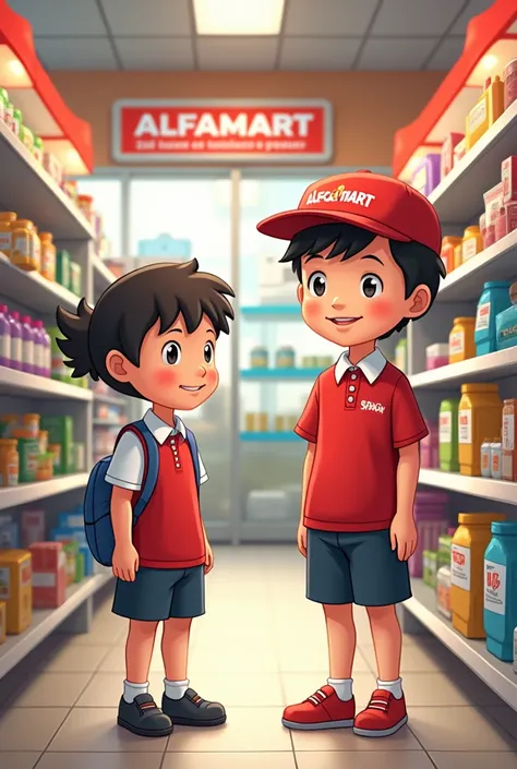 One store crew in red shirt no cap and one minor wearing school uniform,inside alfamart store not selling alcohol beverage and tobacco to minor, in cartoon characters