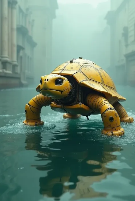 turtle, yellow, impressive , robot, battleship, in water, cool , old, He is of the stuff that heroes are made of, still a TURTLE