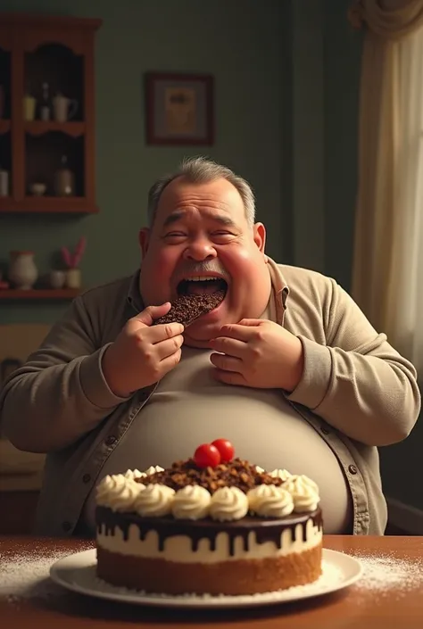 obese man eating cake