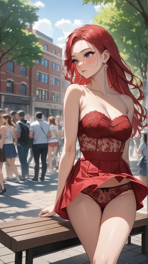 (((Adult woman)): (thigh short miniskirt, strapless lace top, pink eyes, brown skin, showing the whole body, ((red head short wavy hair)), ((High heel leather boots ). Closed mouth )); full body shot, ((sitting on a bench at park)), city background. High q...