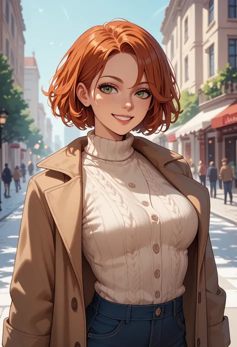 Woman, short hair, sweater, smile, Redhead,  unbuttoned Coat 