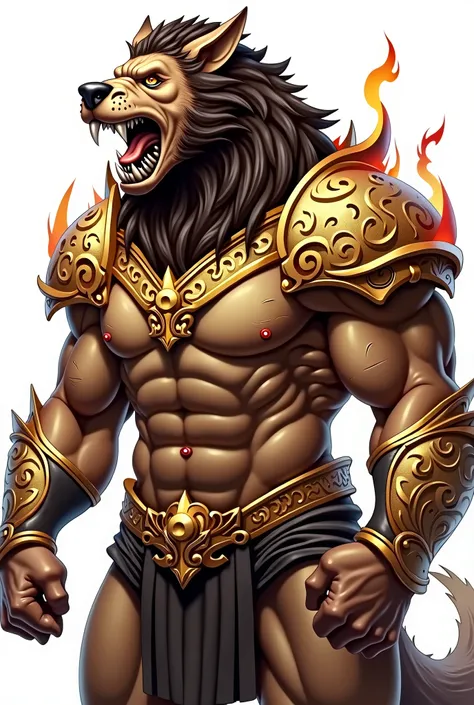 The image is a digital illustration featuring a mythological creature with a muscular humanoid body and an animal-like face. The creature had a fierce expression with sharp fangs and a wide open mouth, signaling a roar. His skin is light brown, and he has ...