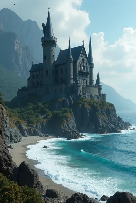 imagine a castle made of black stones on top of a rock on a beach with a mountain in the background with two very tall towers