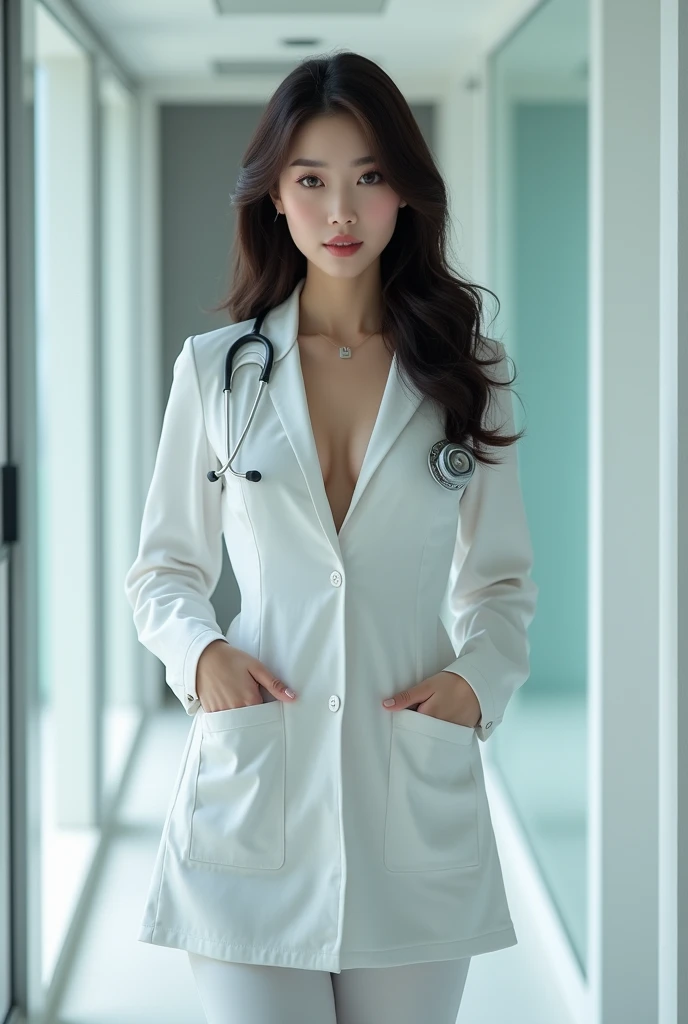  Beautiful Korean girl ,sexy doctors clothing, cleavage,big breasts full 
