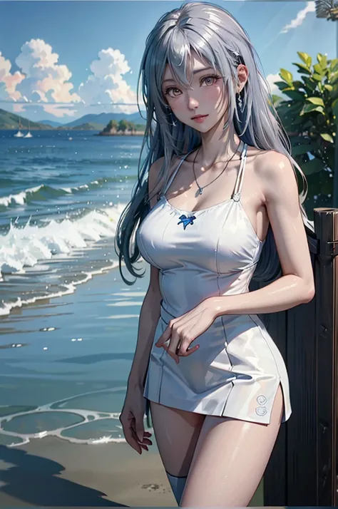 (( Masterpiece )), (( best quality)), (( high definition )), (( Highly detailed CG Unity 8K Wallpaper )), Alone, Tachibana Kanade, nude,white legs, Outdoor, cute face, Hair Curtain , beach , Parted hair , Silver Hair 、 necklace 、 blue sky 、 clouds 、 wet pu...