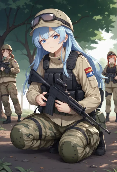  light blue long hair、 girl with twin tails 、Training in camouflage clothing 、anime girl in camouflage With a rifle and hat sitting on ground, ry Girl, soldier girl, mechanized soldier girl, Military Girls , With a rifle, soldier,  Camouflage Gear ,  ready...