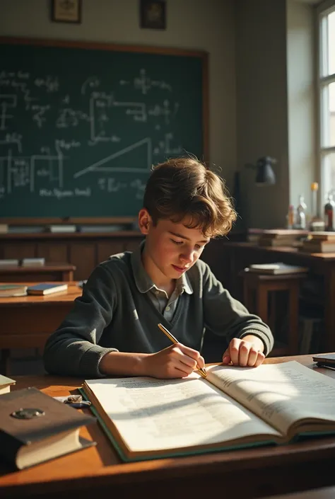 18-year-old German boy striving hard in the subject of physics in his physics class at school in the 1940s 