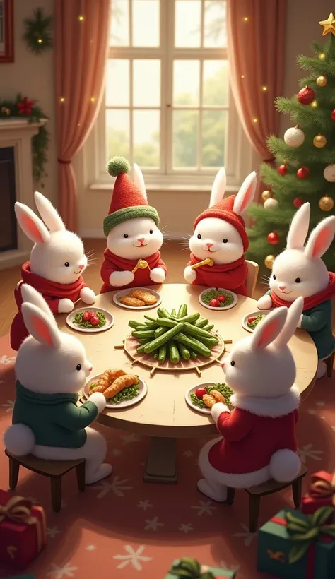 In the warm Christmas-decorated living room, several cute anthropomorphic white rabbits,
Wearing Christmas clothes and hats, sitting at a big round table, happily eating a Christmas dinner of green vegetables