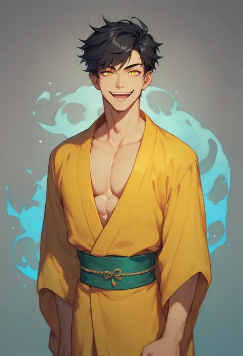 a scary asian male, tall and powerful body with a black hair with yellow eyes and a menacing smile and a pair of dark circles around his eyes because of deprived sleep, hes wearing a black and yellow robe-kimono