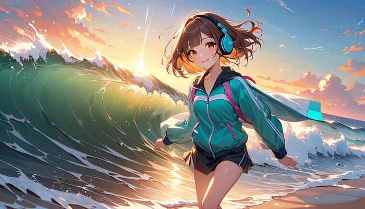 background：Early morning seaside、静かな波音と bright 空が広がっている。  
expression： A gentle smile while staring at the edge of the waves 。  
Costume： windbreaker and short boots 。  
 pose： walking slowly along the edge of the waves 、Occasionally watching her feet 。  
...