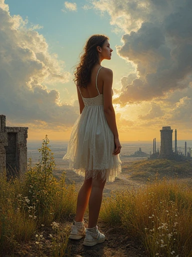 Masterpiece Oil painting, ((resilient)) (from back. Looking at the horizon) 1 gorgeous European woman. Age 23. standing amidst nuclear wasteland ruins, delicate flowers emerging from the desolation, ominous clouds casting shadows, ((haunting beauty)), post...