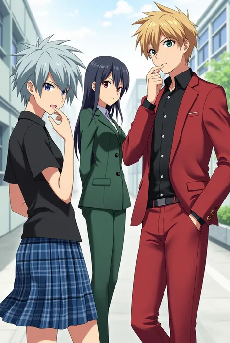 Anime boy in a Blue Plaid Skirt and a black Short Sleeve Uniform top with an anime boy in Solid red pants and Red jacket and a girl in a solid green suit