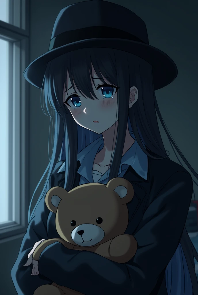 You can make an 18 year old girl, with white skin, light blue flannel, large black jacket, black fedora hat and without any accessories, long dark brown hair with light blue tips, light blue eyes, who has a teddy bear in her hands and has a sad expression ...