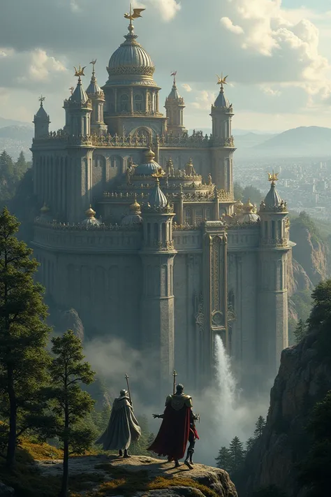 "A fantasy of an extremely large and vast imperial palace belonging to the strongest empire, dominated by the colors black, gold, and white. Above the palace, several imperial knights can be seen riding griffons as part of the patrol. In the background, a ...