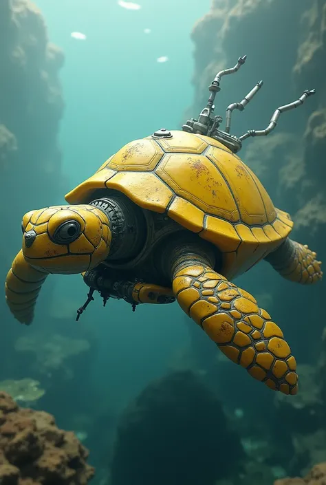 turtle, yellow, impressive , robot, battleship, in water, cool , old, still a TURTLE,COOL,using paddle to swim,engine,