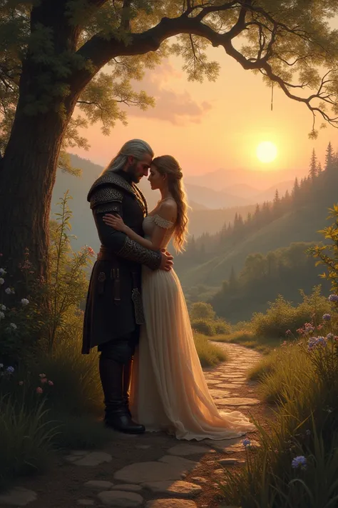  Recreate the scene described in the following poem :
 Use Geralt de Rivia and Triss Merigold as the main characters
Geral crossed the sting
Which leads to the ranch in the back...
You have no idea about the world,
 You only know about your beloved !
 Two ...