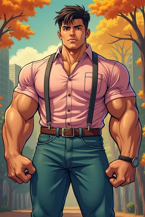 Young Canadian Brutalmass, kirbywood, design,  vintage color comics,  a school teacher , Pastel shirt , large volume,  young and cute face , realistic, professional 4k photo,  High resolution ,  high level of detail,