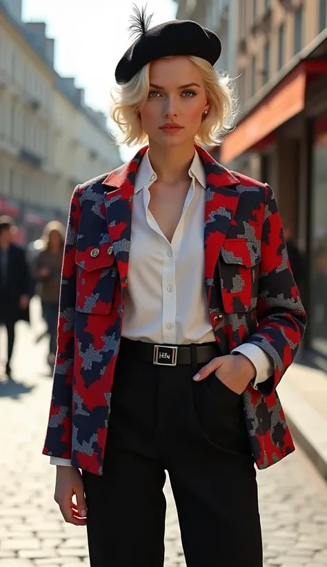 fantasy, Front view,  stylish pose, Hermes Girls 2025 Resistance Fashion, 1 women ,　American Actress Marilyn Monroe, (blonde curl hair, short hair,  serious, beret with feather ), white blouse,  red and blue of mosaic camouflage  Jacket with 2 pocket and 1...