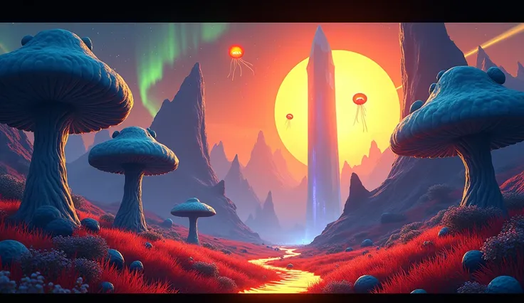 Ori and the blind forest game style,ultra-detailed, alien landscape, strange-looking trees, vibrant red grass, blue cactus,green aurora, (floating jellyfish),orange starry sky, falling star,natural giant piercing crystal pillar,ethereal blue leaves, giant ...