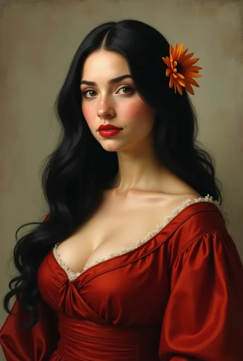  I want a Renaissance-style painting of a white woman,  with extremely sexy black hair , long and smooth, with a pollina on one side . tall, freckled cheeks and overweight .  That the woman has brown eyes ,  red lips and a red linen robe