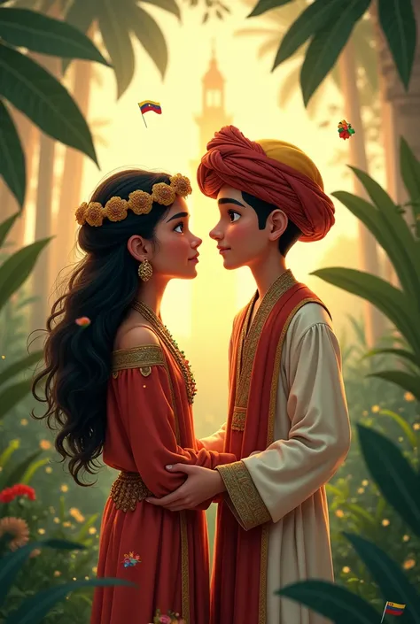  Create romantic image of an indigenous girl from the Venezuelan Amazon between an Arab boy from Morocco, both white .... that they come out wearing the clothes of their country .... that it is an animated image and has elements from each country..  Let th...