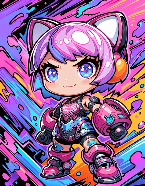 (masterpiece:1.2, best quality, ultra high resolution, Very detailed, best illustrations),8k,wallpaper,Cartoon graffiti characters，Vector illustration，A kawaii Hello Kitty-themed AI muscle generator, displaying pink dumbbells that transform into powerful r...