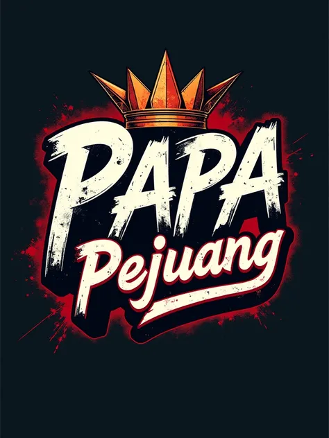 An urban-style logo for Papa Pejuang Ganteng, featuring dynamic typography, a crown designed like a street art tag, in a high-resolution 8K render.