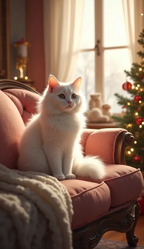  cute beautiful cat sitting on sofa 、 Christmas、French house 、Beautiful interior、 big window、White cat