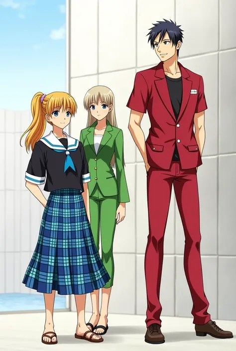 Anime boy in a Blue Plaid Skirt and a black Short Sleeve sailor Uniform top with an anime boy in Solid red pants and Red jacket and a girl in a solid green suit