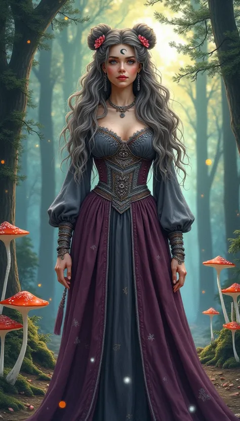 A captivating watercolor illustration of a Bohemian woman, her raven hair cascading down her back, adorned with a mesmerizing crescent moon tattoo on her forehead. She is dressed in a mystical ensemble of a smoky gray blouse, intricately embroidered with s...