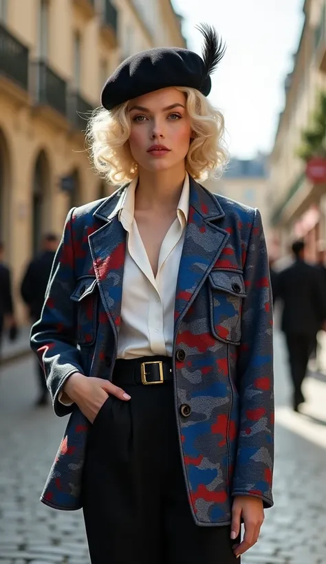 fantasy, Front view,  stylish pose, Hermes Girls 2025 Resistance Fashion, 1 women ,　American Actress Marilyn Monroe, (blonde curl hair, short hair,  serious, beret with feather ), white blouse,  Blue and Red of mosaic camouflage  Jacket with 2 pocket and 1...