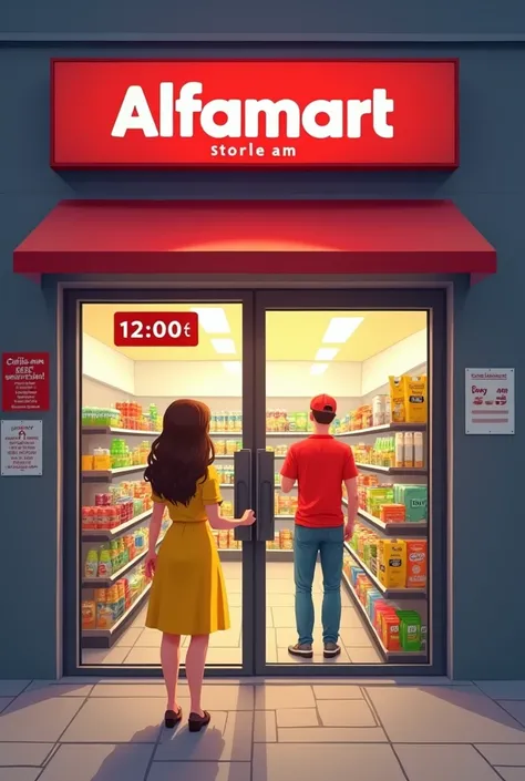 Alfamart store with store closed signage of 12:00 am, in english language, with one lady outside the store wearing a yellow dress who wants to buy grocery, with store crew inside who open a door of store in red shirt without cap in cartoon characters 