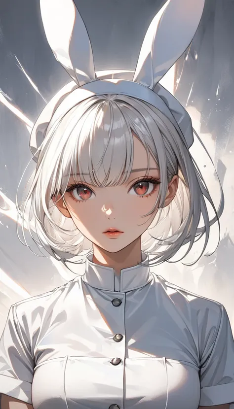 A semi-realistic anime-style woman with a fair complexion and long, sleek white hair. She is a nurse. She has white rabbit ears. She has silver eyes. A nurse outfit. Aged 21. She has long white hair, with bangs framing her sharp, focused expression. Her sh...