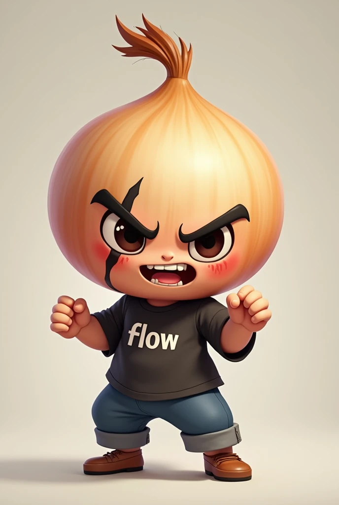  Cartoon-style avatar lighting of a boy with a violent smooth onion,  With a black mark ,  with a shirt Written flow  , With your hands according to a panda Free Fire 
