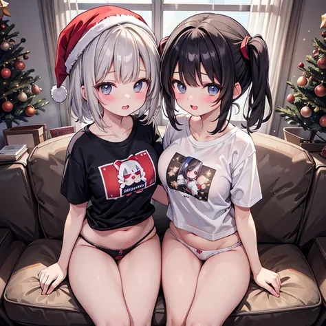 masterpiece, Super detailed, cute, junior high school girl, nsfw, 
t-shirt, "KISS ME !", hip hung panty, 
curvy figure, duo, 2girls, yuri, looking at viewer, 
(open mouth:0.6), in heat, (smile:0.8), vulgarity, (nipples:0.3), 
short wavy hair, hime_cut, Xma...