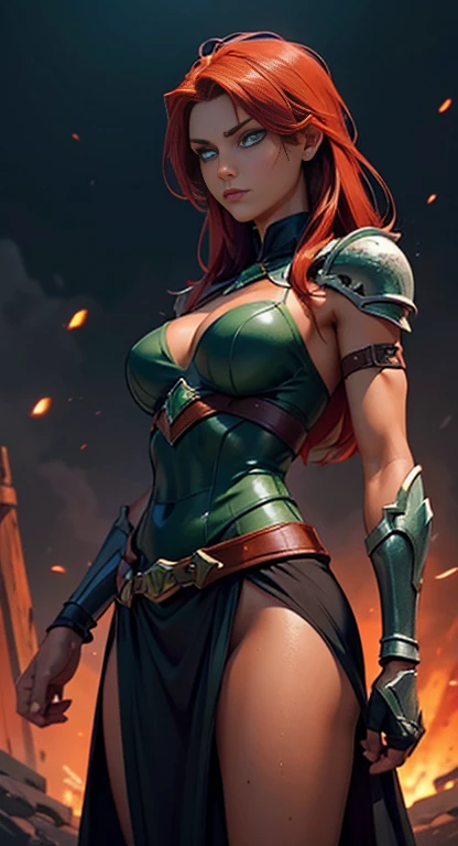 Tanned skin, cursed heroine, red hair, bright green eyes, cut throat, beautiful girl, cursed hero armor,