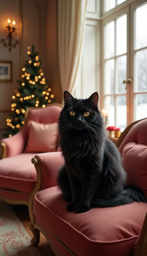  cute beautiful cat sitting on sofa 、 Christmas、French house 、Beautiful interior、 big window、Black Cat