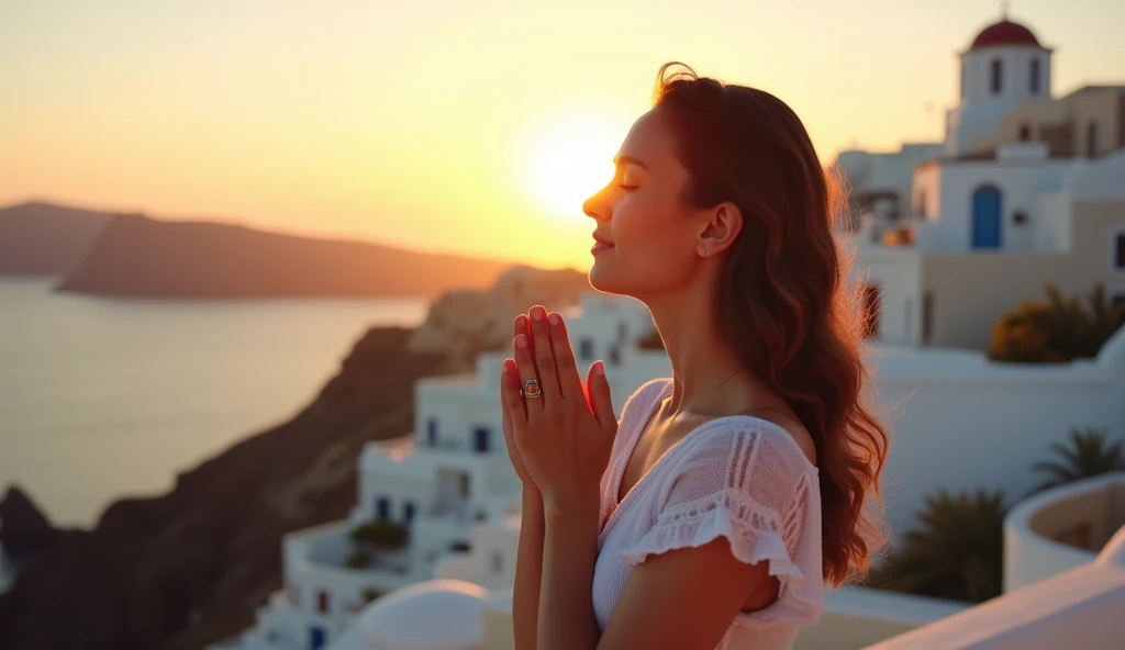 Close-up of a 26-year-old woman praying. Peaceful and serene. Hands clasped in prayer. Seaside retreat in Santorini. Sunrise in 2024. White buildings, cliffs, distant church domes. Side profile shot. Captured on a Canon EOS 1DX, Kodak Gold 200 film. Vibran...