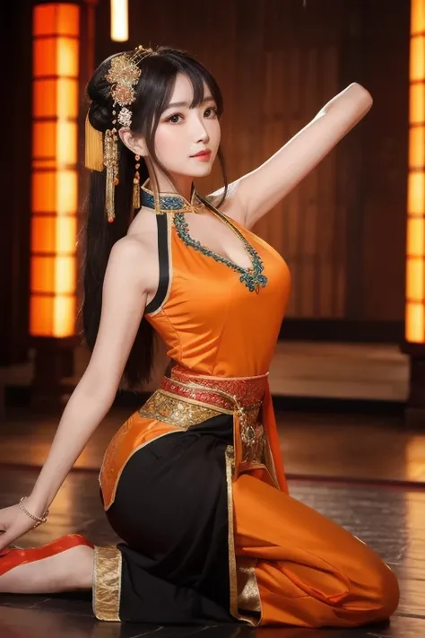 The woman is wearing an ancient dance costume, including a orange full-length halter top blouse, and black  chiffon trousers on the bottom. She is an oriental beauty with a very Chinese style. The costume is very Song Dynasty style. She has her back to the...