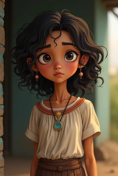 A thin and fragile 15-year-old Colombian girl with curly and dark hair wearing peasant clothing animated image
