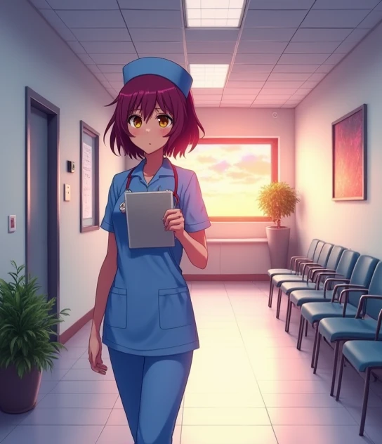  A 28-year-old anime-style woman , To Love Ru, walking in the reception inside a hospital ,  next to it is the waiting room with chairs attached to the walls ,  the hospital is huge white with white tile floors ,  with some small pots in the corners of the...