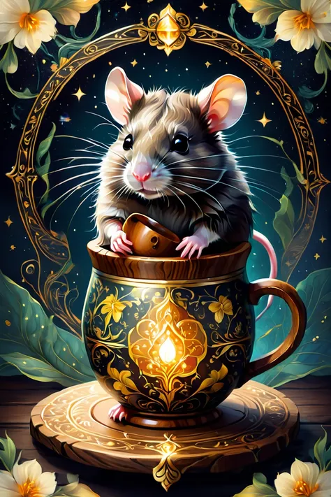 Patterned exquisite Tarot Card , rat with wooden mug