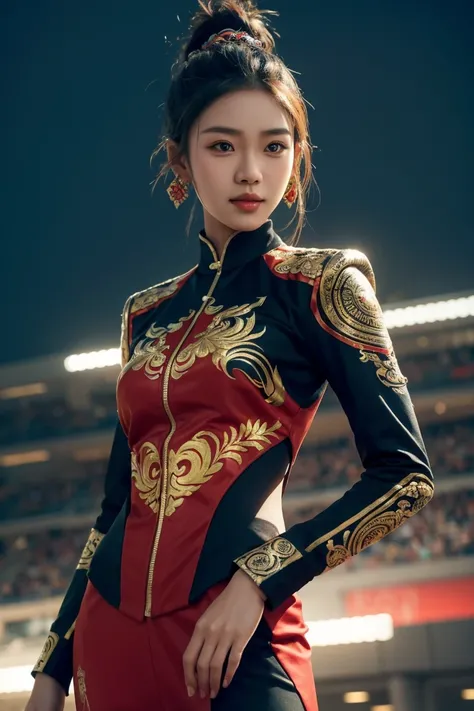 An Indonesian-styled futuristic suit worn by a girl depicting cultural fusion and modern fashion. The suit is adorned with intricate patterns and vibrant colors, showcasing the rich heritage of Indonesia. The girl stands confidently in a dynamic pose, with...