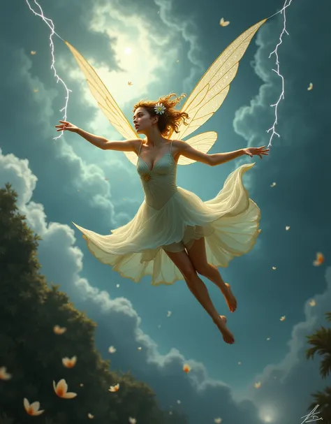 a draw of a fairy dive flight in the air, she is confident and delivered in her flight, tempest formed in the sky