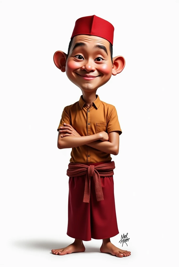   Caricature 4D,realistic , indonesian man 35 years old thin hair almost bald,wearing red peci , wearing traditional Jakarta clothes red color ,Deleher Circular Sheath Fabric, standing smiling folded hands on chest ,plain white begron,ultrahd,ultra detail,...