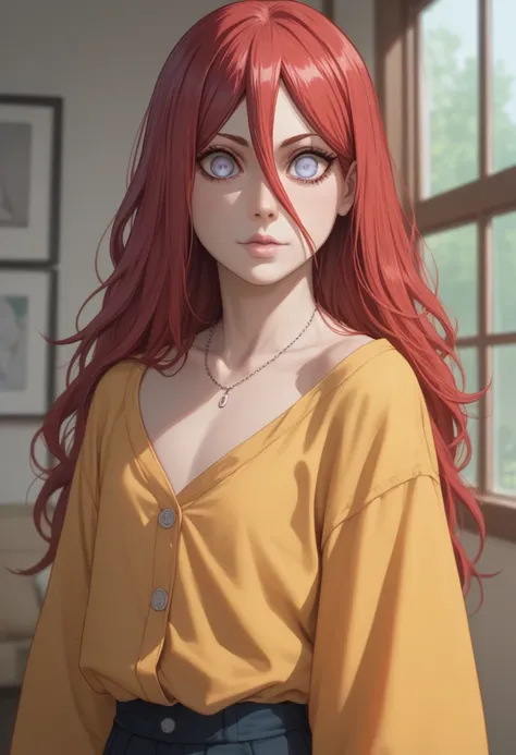 Sadako Yamamura (Bleach) with long red hair and large DARK BLUE big eyes. White PALE skin. Loli flat chest with yellow casual outfit. Kushina Uzumaki (Naruto)