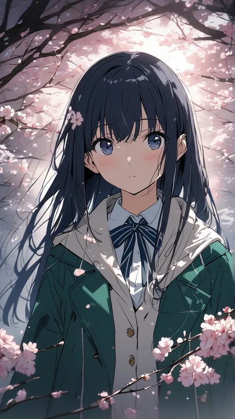 A Japanese high school girl, 18 years old, wearing a pristine winter school uniform with a navy ribbon, standing at a crossroad near the school. She is watching her friend walk away, her face showing a mix of sadness and hope. The streetlight illuminates t...