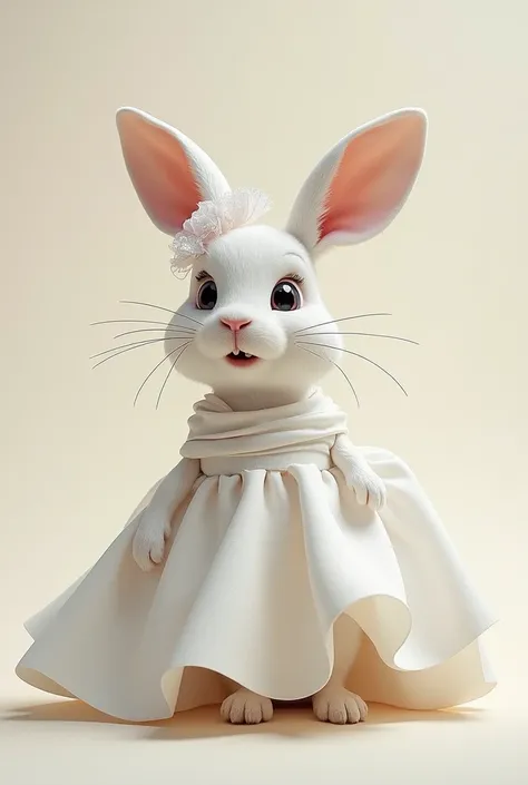 
 I want to generate the image of a rabbit , called Coco ,  that was covered with toilet paper ,  looking like a bride .  He must be seated , with funny expression,  and the paper wrapped as if it were a wedding dress,  with a small improvised veil  