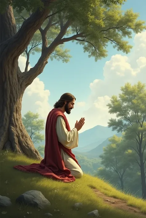 Jesus on the Oak Hill praying 