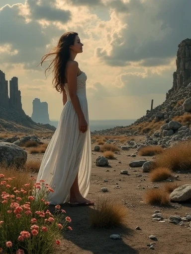 Masterpiece Oil painting, ((resilient)) (from back. Looking at the horizon) 1 gorgeous European woman. Age 23. standing amidst nuclear wasteland ruins, delicate flowers emerging from the desolation, ominous clouds casting shadows, ((haunting beauty)), post...